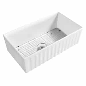 Kingston Brass GPKF331810 33-Inch Ceramic Apron-Front Single Bowl Farmhouse Kitchen Sink with Bottom Grid and Strainer